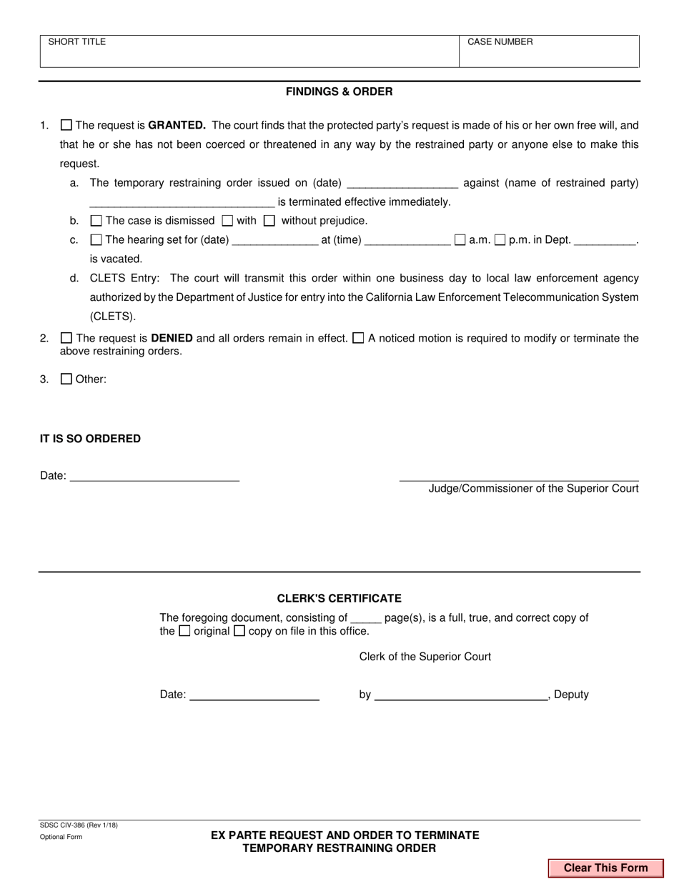 Form CIV-386 Ex Parte Request and Order to Terminate Temporary Restraining Order - County of San Diego, California, Page 2