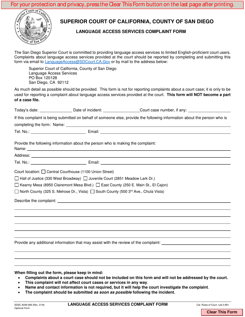 Form ADM-368 Language Access Services Complaint Form - County of San Diego, California, Page 1