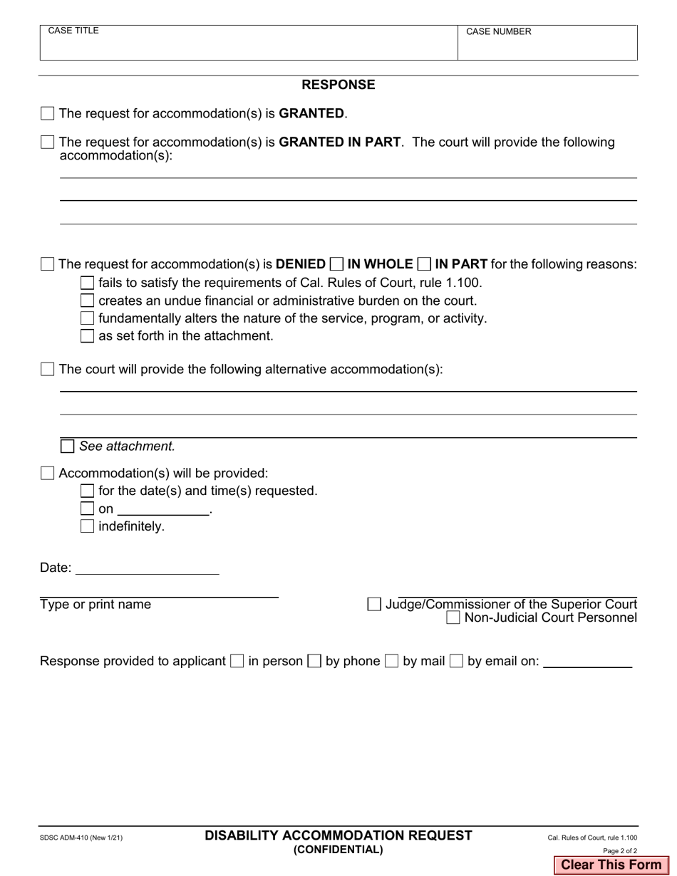Form ADM-410 Disability Accommodation Request - County of San Diego, California, Page 2