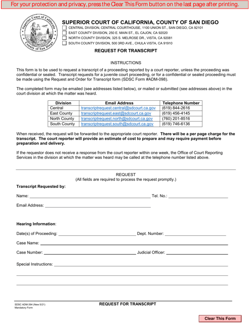 Form ADM-394 Request for Transcript - County of San Diego, California