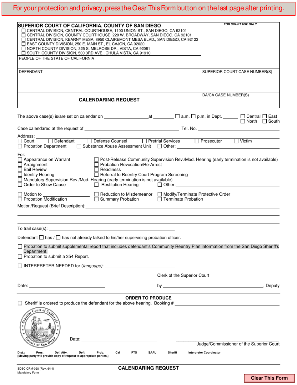 Form CRM-028 Calendaring Request - County of San Diego, California, Page 1