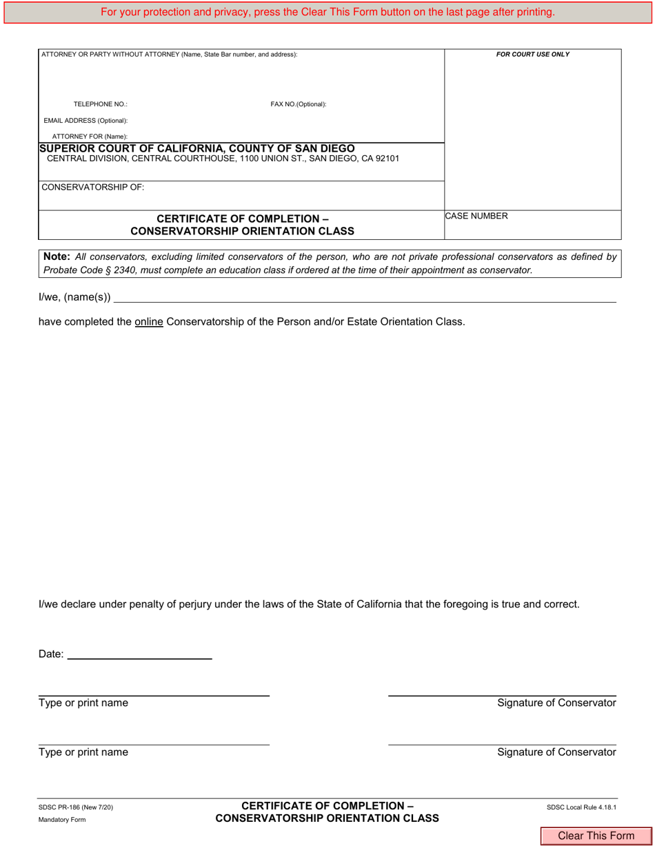 Form PR-186 Certificate of Completion - Conservatorship Orientation Class - County of San Diego, California, Page 1