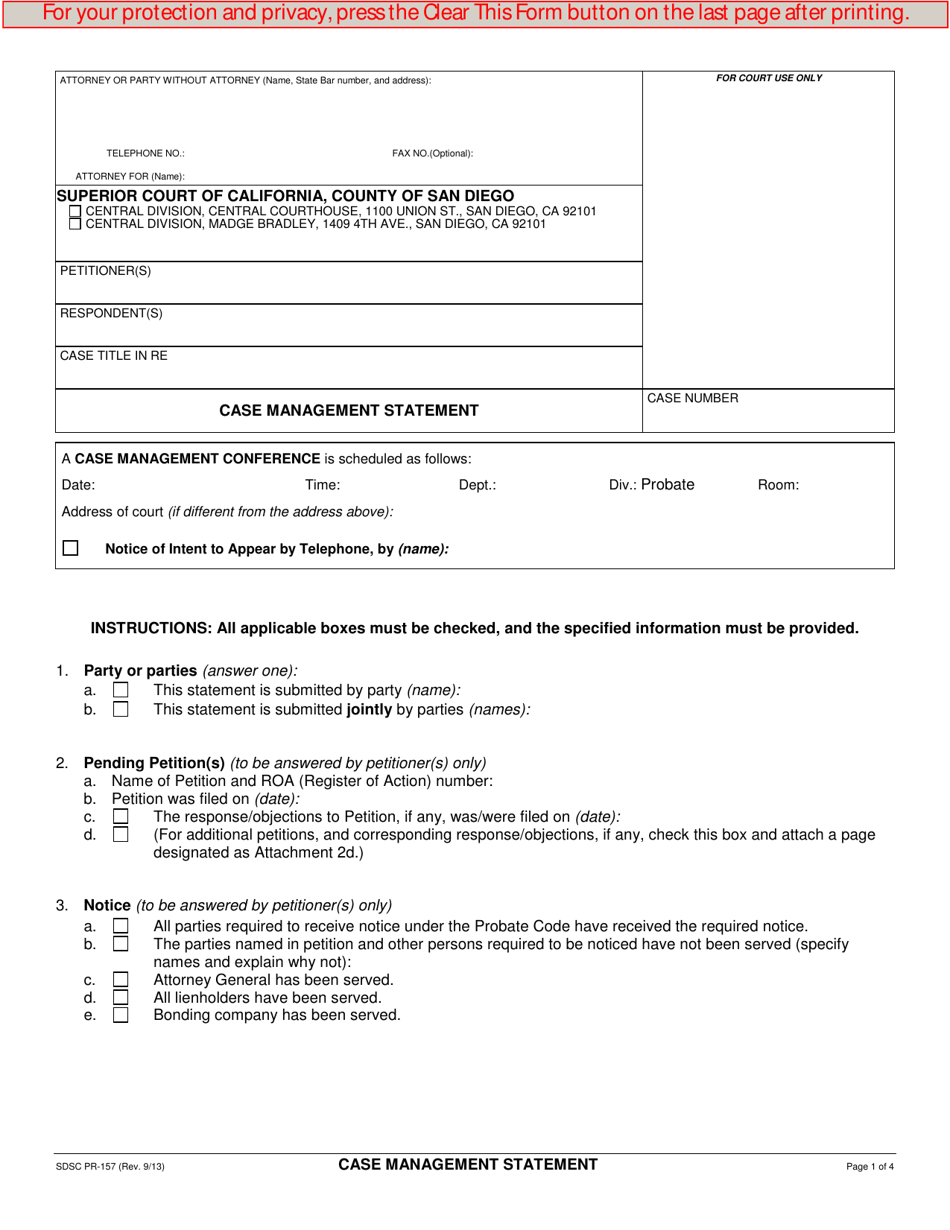 Form PR-157 Case Management Statement - County of San Diego, California, Page 1