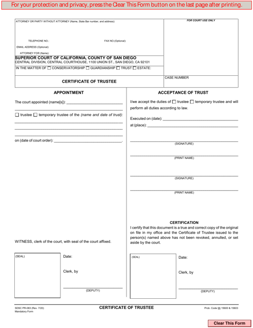 Form PR-083 Certificate of Trustee - County of San Diego, California
