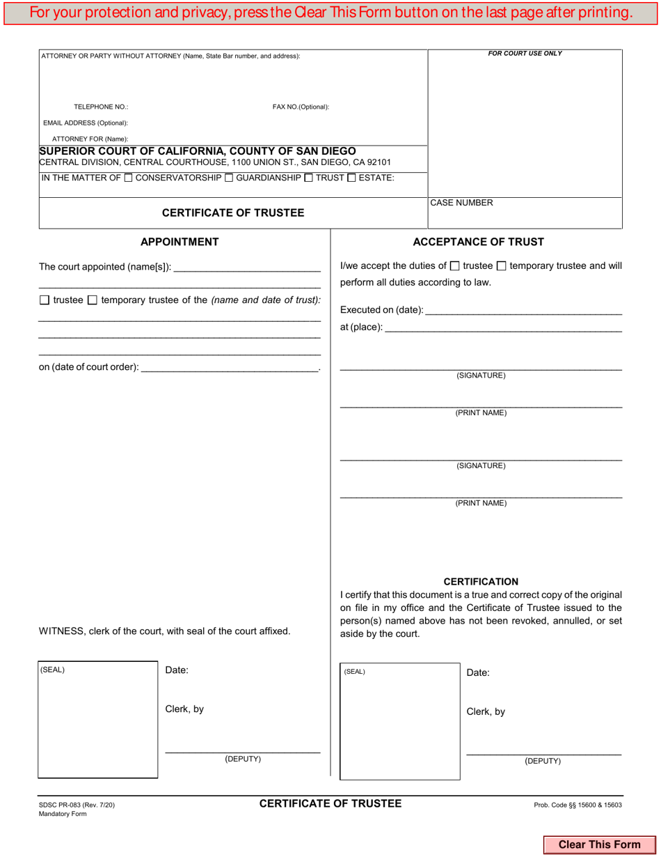 Form PR-083 Certificate of Trustee - County of San Diego, California, Page 1