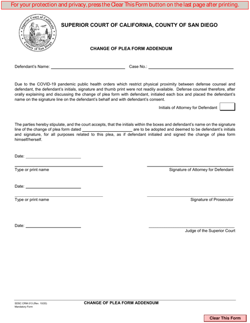 Form CRM-313 Change of Plea Form Addendum - County of San Diego, California