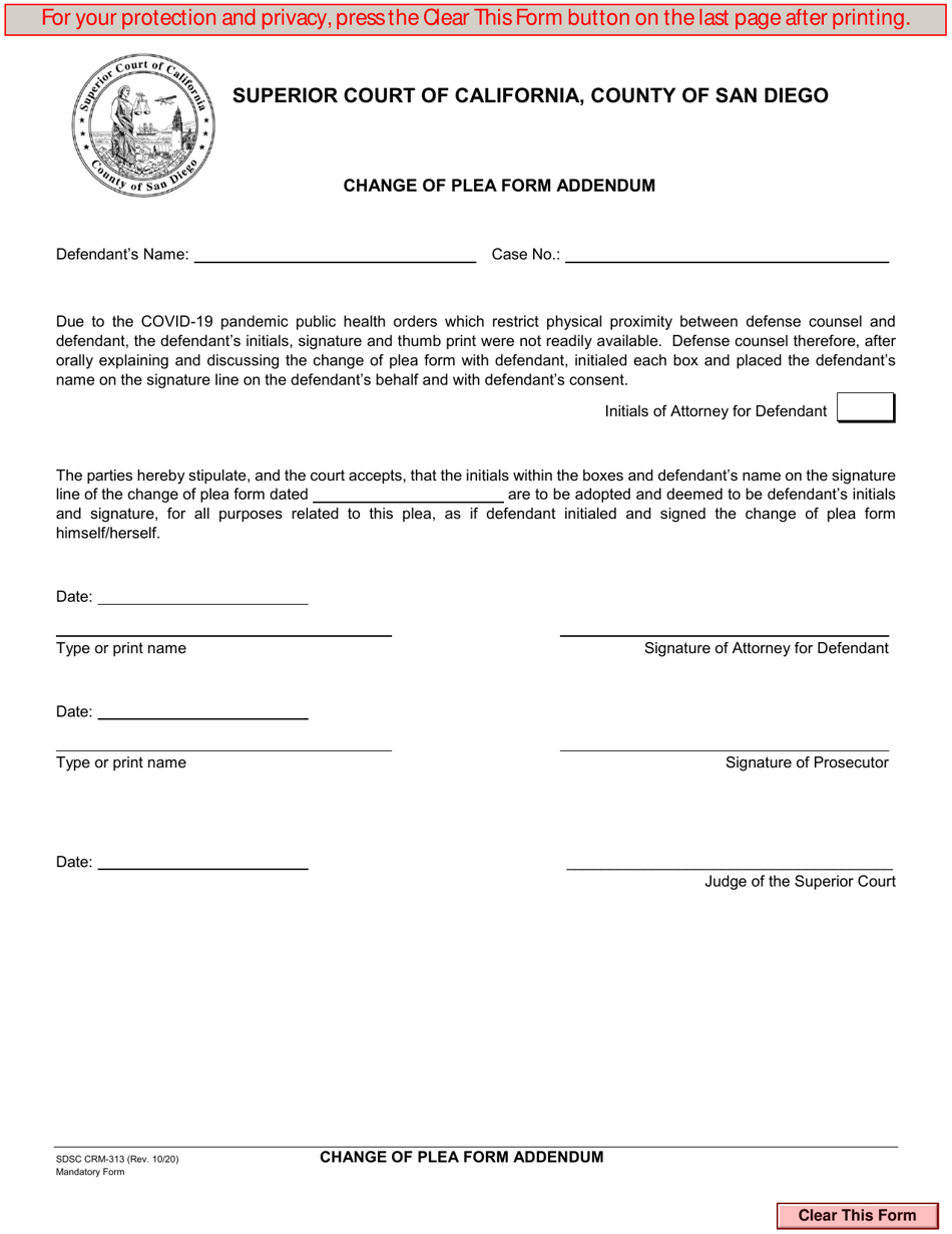 Form CRM-313 Change of Plea Form Addendum - County of San Diego, California, Page 1