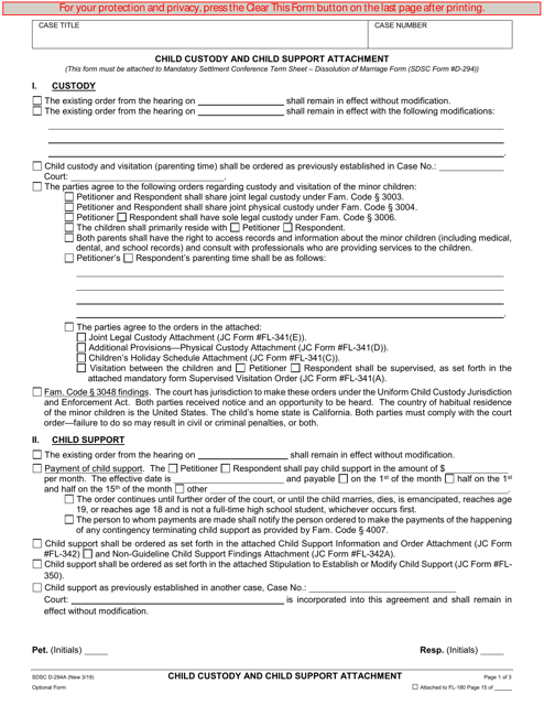 Form D-294A Child Custody and Child Support Attachment - County of San Diego, California