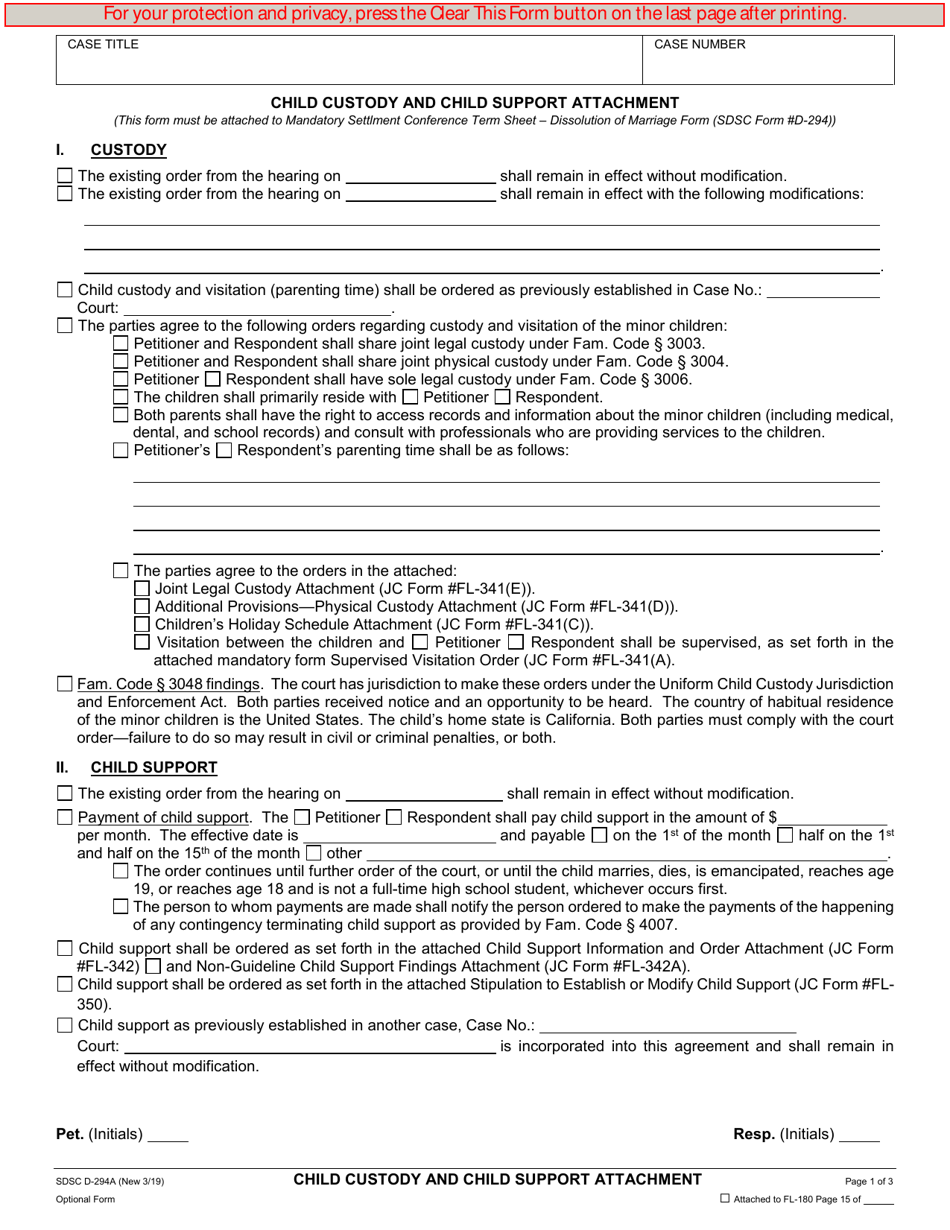 Form D-294A Child Custody and Child Support Attachment - County of San Diego, California, Page 1