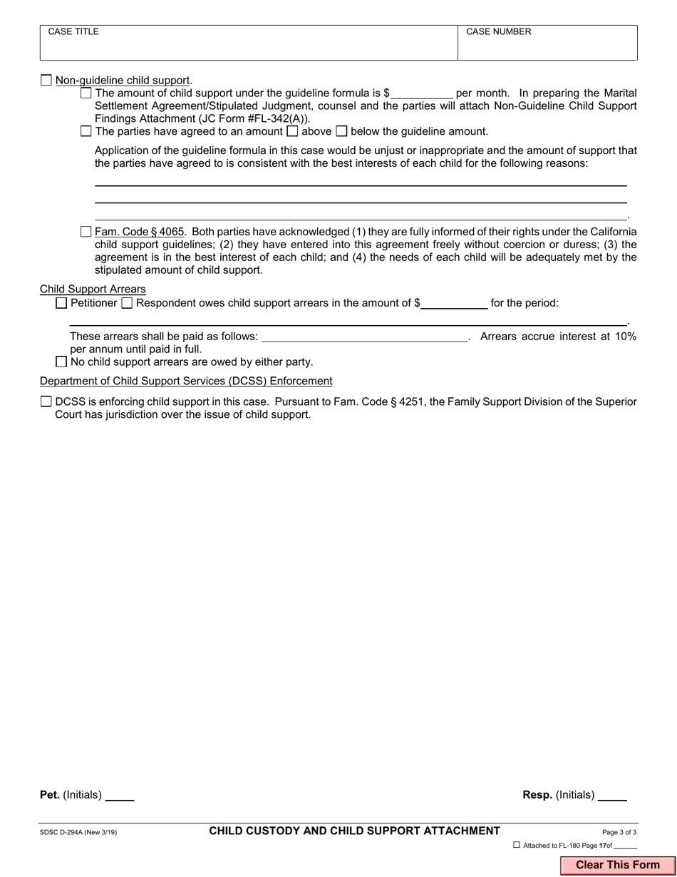 Form D-294A Child Custody and Child Support Attachment - County of San Diego, California, Page 3