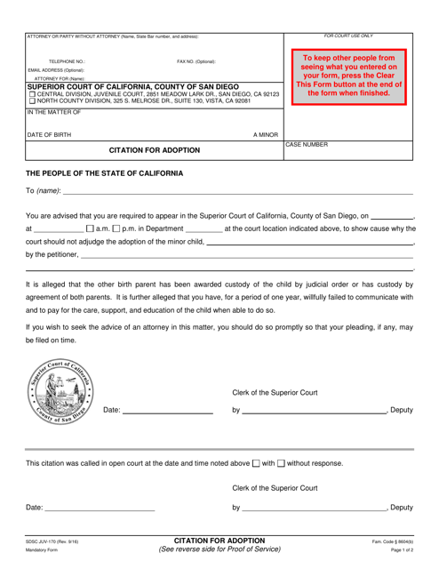Form JUV-170 Citation for Adoption - County of San Diego, California