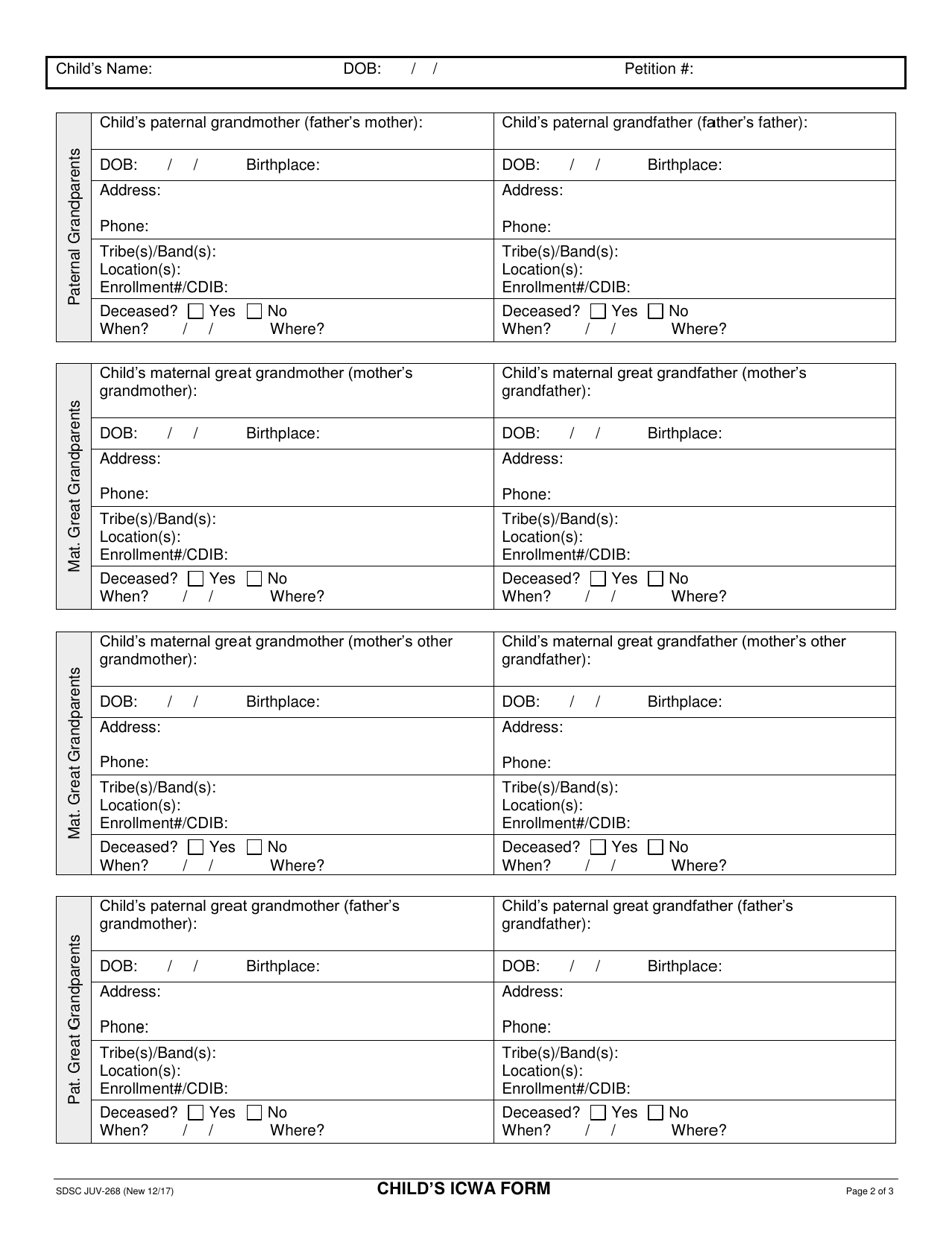 Form JUV-268 Childs Icwa Form - County of San Diego, California, Page 2