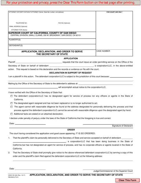 Form SC-042 Application, Declaration, and Order to Serve the Secretary of State - County of San Diego, California