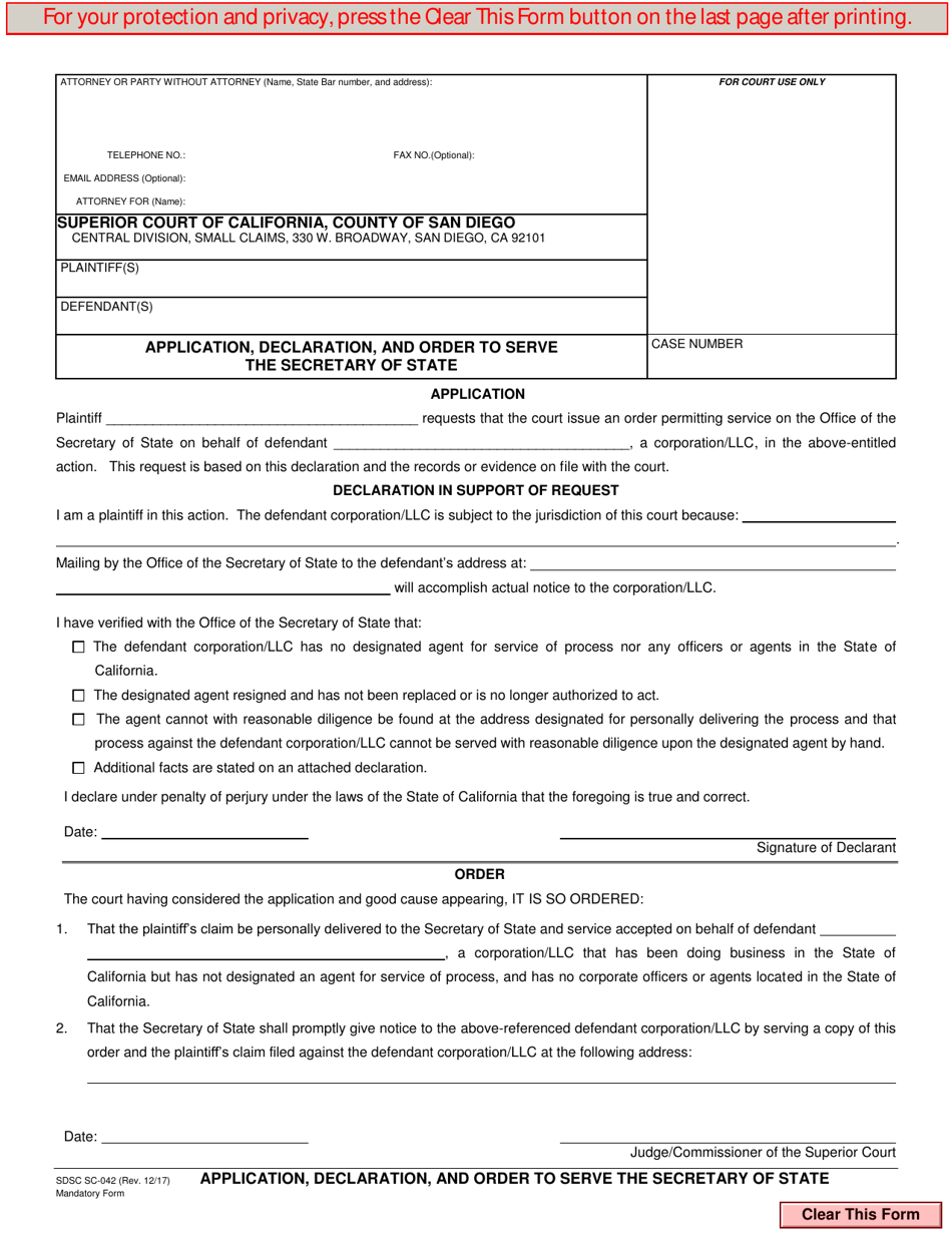 Form SC-042 Application, Declaration, and Order to Serve the Secretary of State - County of San Diego, California, Page 1