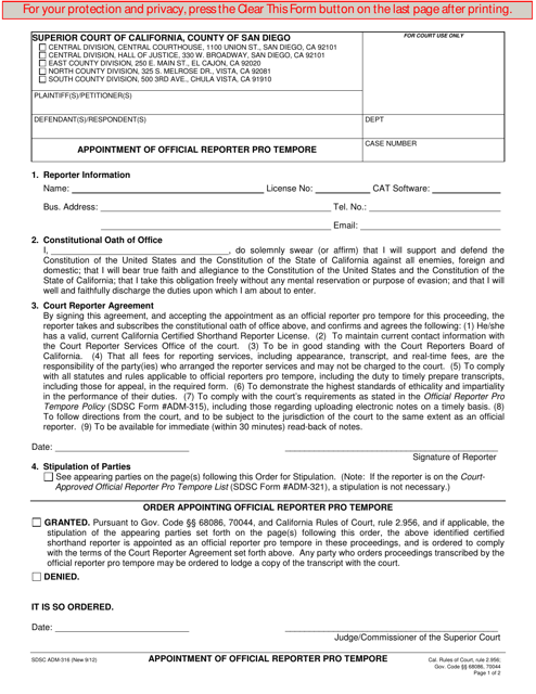Form ADM-316 Appointment of Official Reporter Pro Tempore - County of San Diego, California