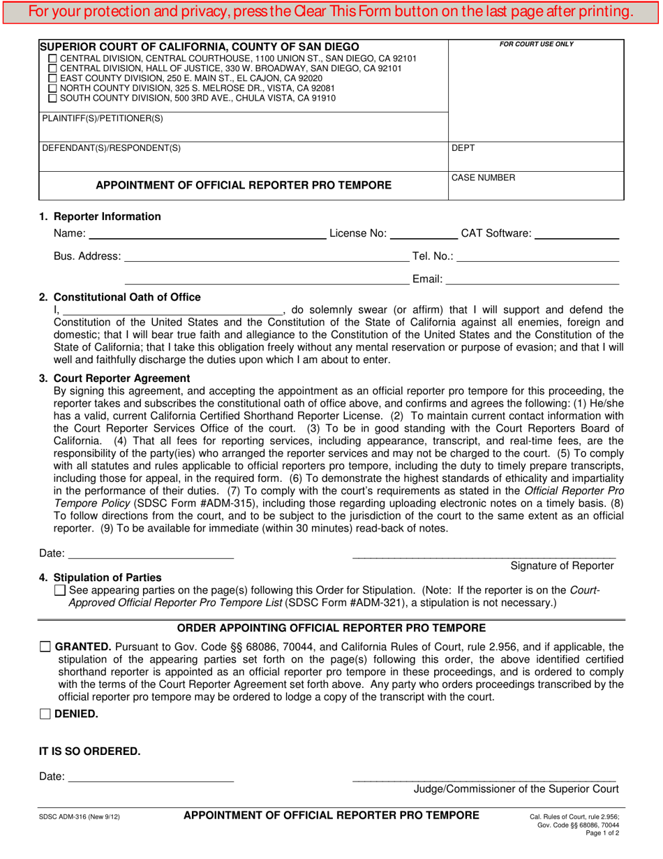 Form ADM-316 Appointment of Official Reporter Pro Tempore - County of San Diego, California, Page 1