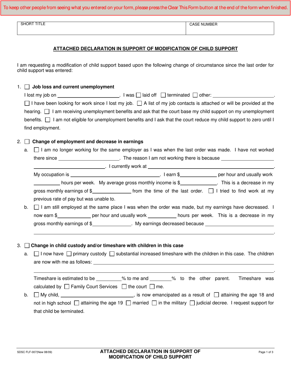 Form FLF-007 Attached Declaration in Support of Modification of Child Support - County of San Diego, California, Page 1