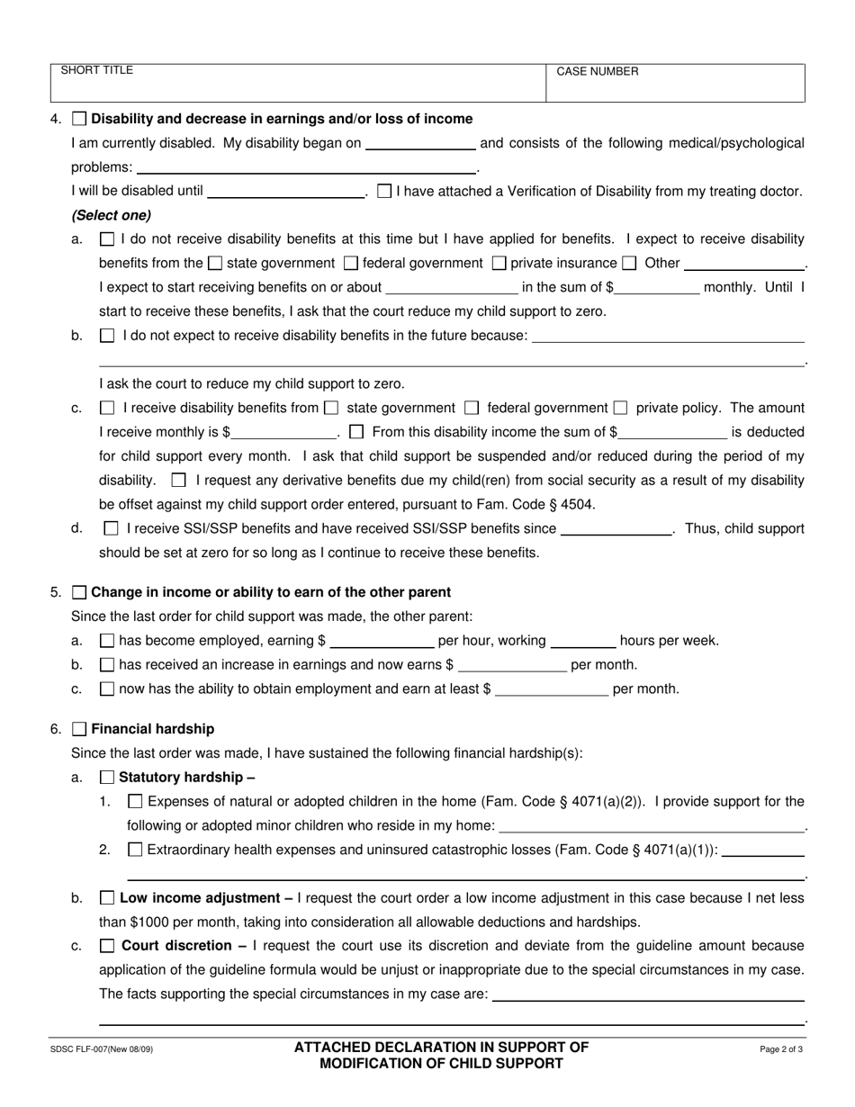 Form FLF-007 Attached Declaration in Support of Modification of Child Support - County of San Diego, California, Page 2