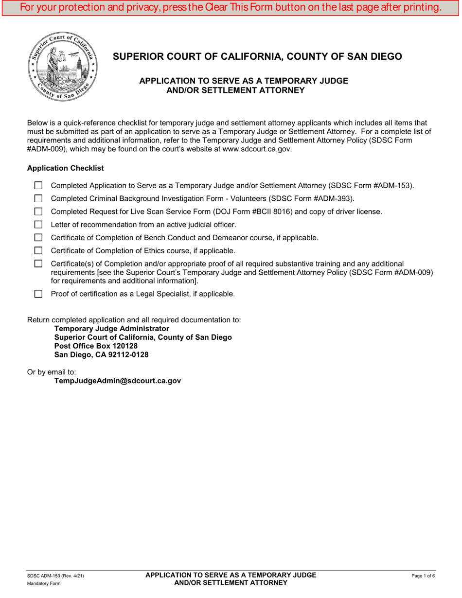 Form ADM-153 Application to Serve as Temporary Judge and / or Settlement Attorney - County of San Diego, California, Page 1
