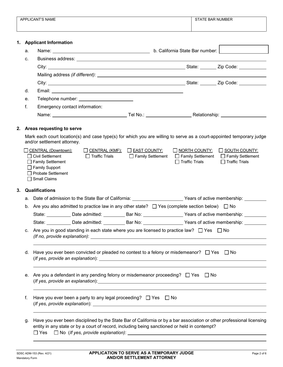 Form ADM-153 Application to Serve as Temporary Judge and / or Settlement Attorney - County of San Diego, California, Page 2