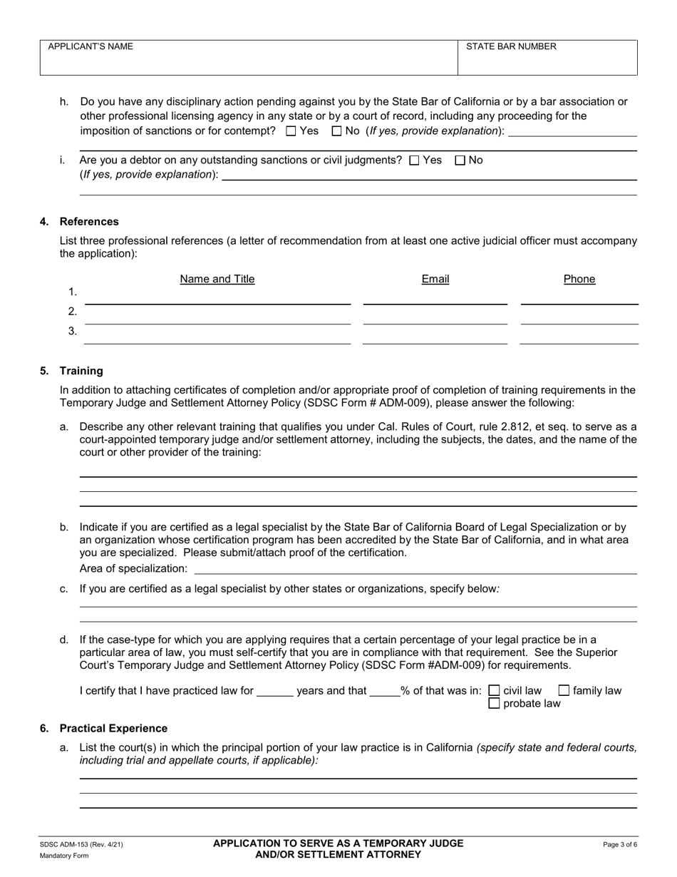 Form ADM-153 Application to Serve as Temporary Judge and / or Settlement Attorney - County of San Diego, California, Page 3