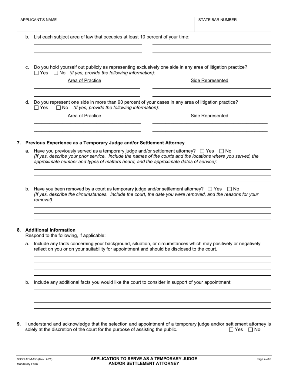 Form ADM-153 Application to Serve as Temporary Judge and / or Settlement Attorney - County of San Diego, California, Page 4