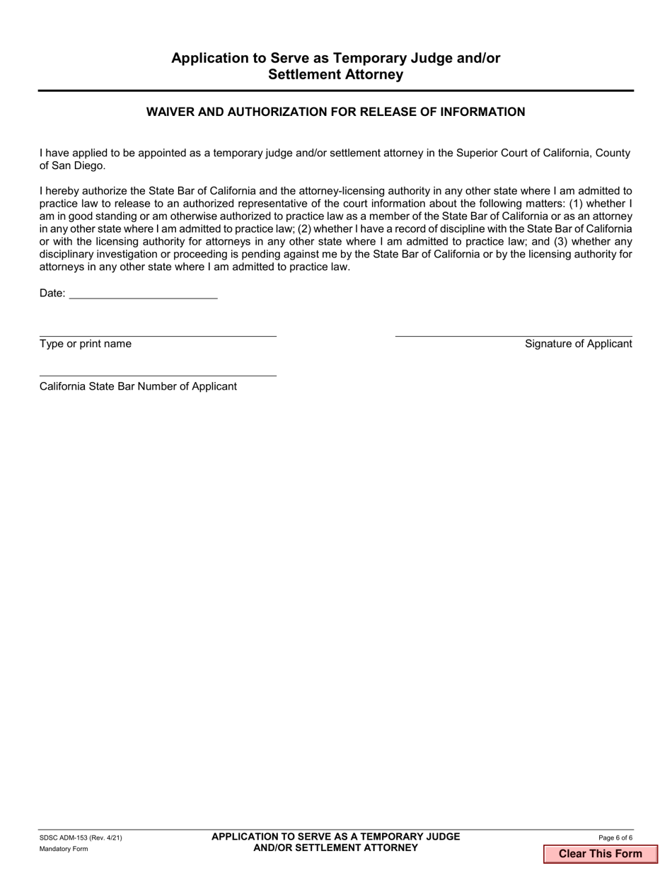 Form ADM-153 Application to Serve as Temporary Judge and / or Settlement Attorney - County of San Diego, California, Page 6