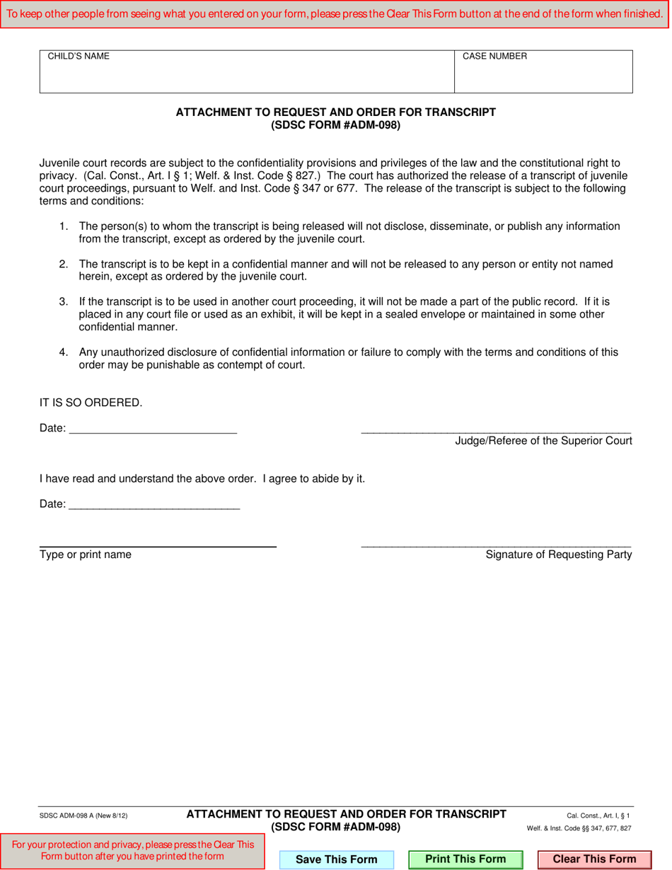 Form ADM-098A Attachment to Request and Order for Transcript - County of San Diego, California, Page 1