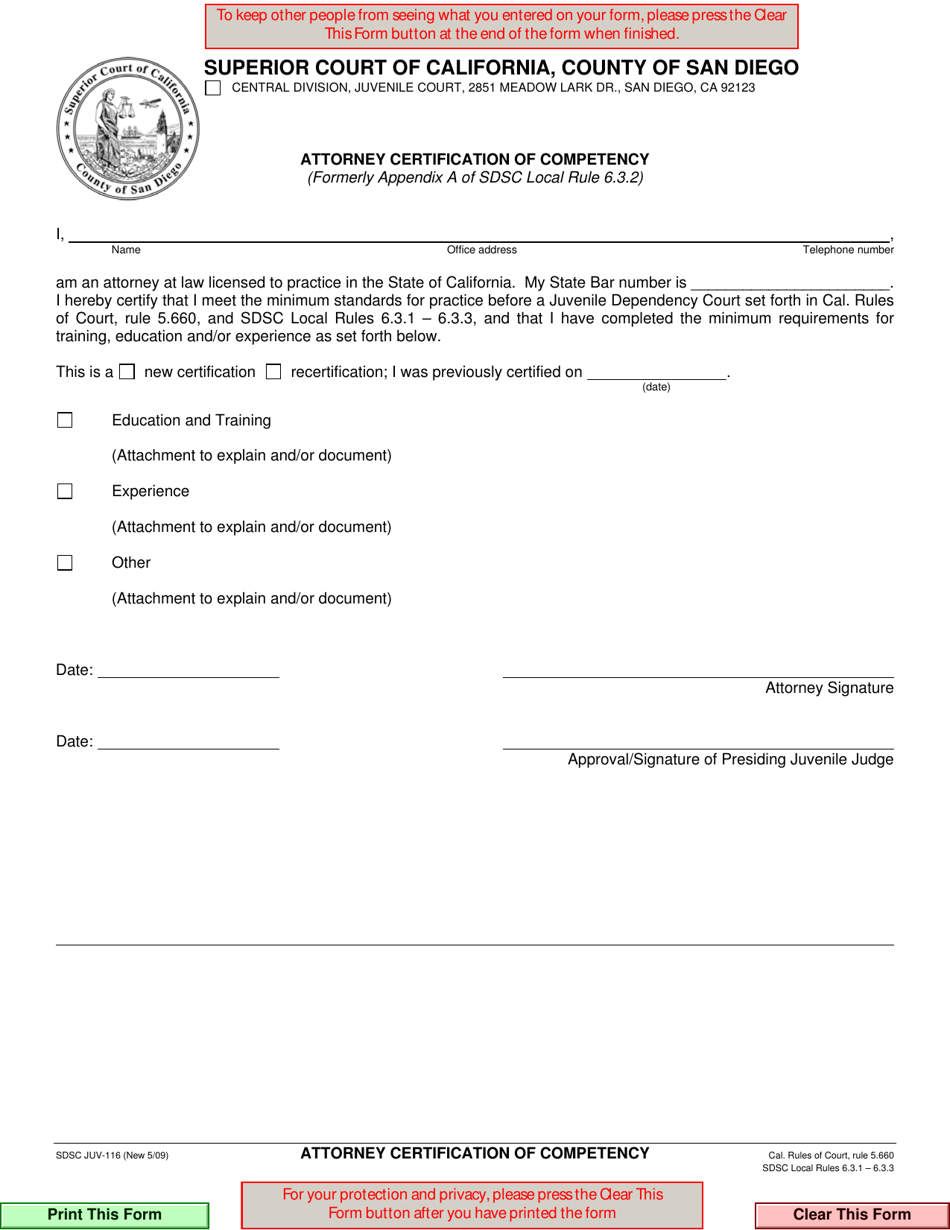 Form JUV-116 Attorney Certification of Competency - County of San Diego, California, Page 1