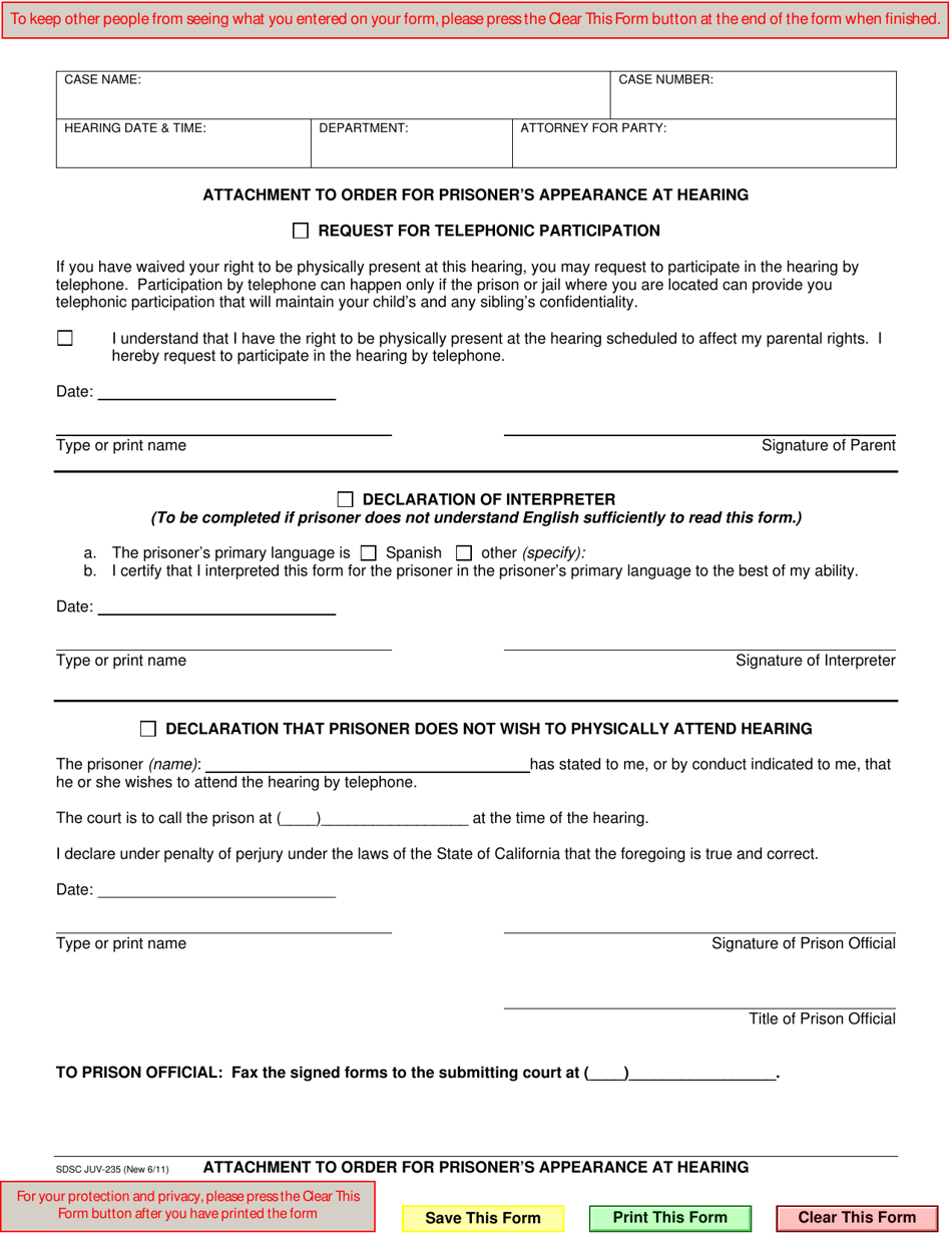 Form JUV-235 Attachment to Order for Prisoners Appearance at Hearing - County of San Diego, California, Page 1