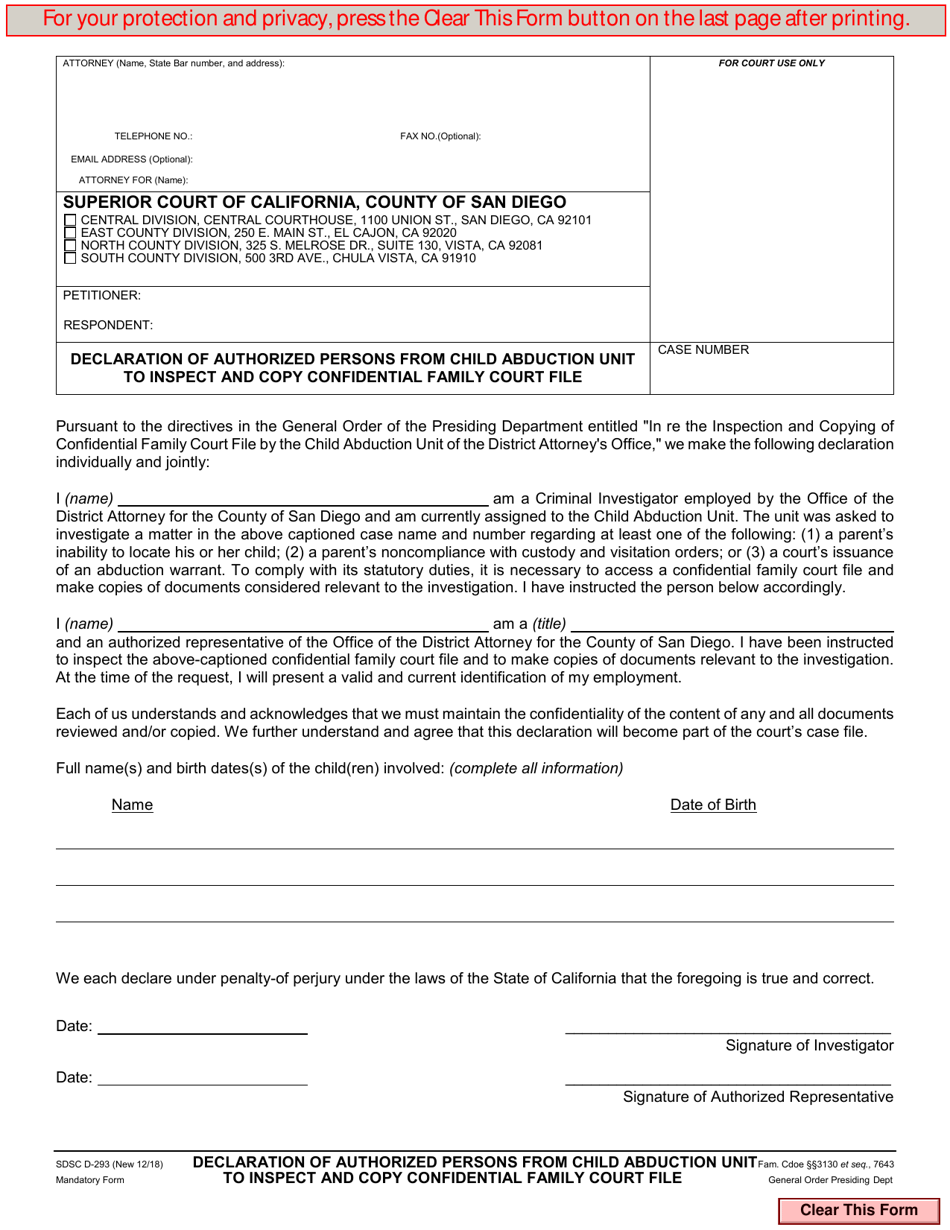 Form D-293 Declaration of Authorized Persons From Child Abduction Unit to Inspect and Copy Confidential Family Court File - County of San Diego, California, Page 1