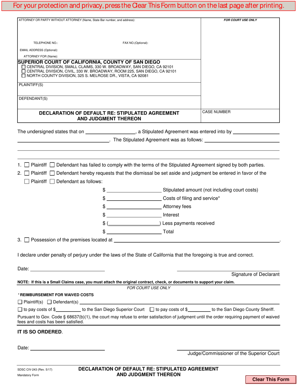Form CIV-243 Declaration of Default Re: Stipulated Agreement and Judgment Thereon - County of San Diego, California, Page 1
