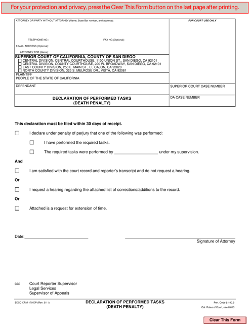 Form CRM-179 DP Declaration of Performed Tasks (Death Penalty) - County of San Diego, California