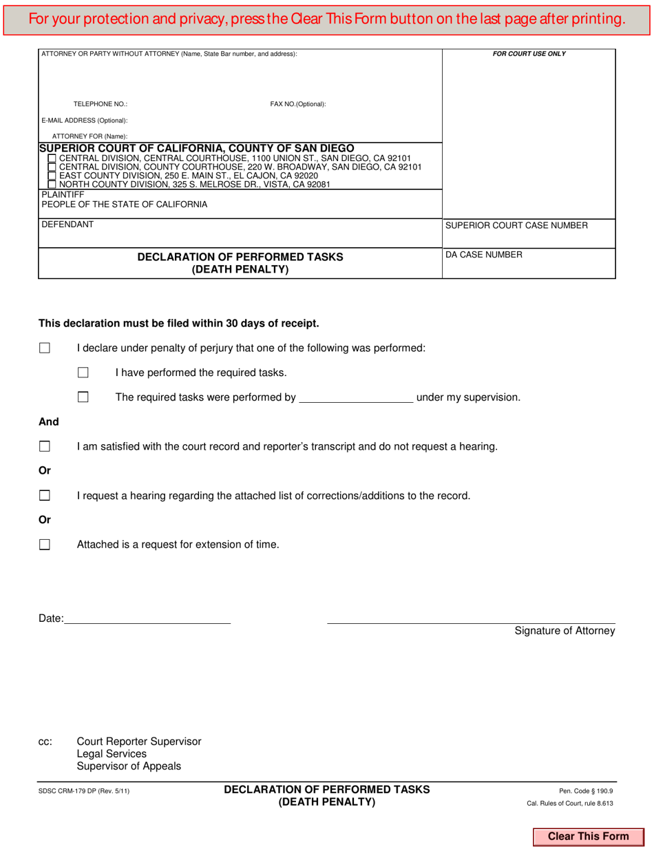 Form CRM-179 DP Declaration of Performed Tasks (Death Penalty) - County of San Diego, California, Page 1