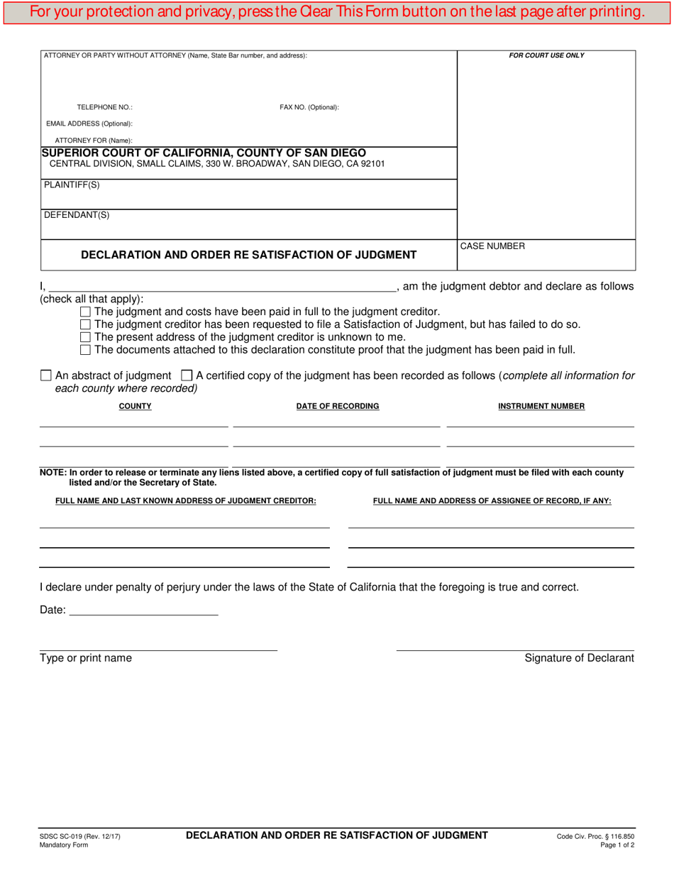 Form SC-019 Declaration and Order Re Satisfaction of Judgment - County of San Diego, California, Page 1