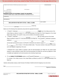 Document preview: Form SC-020 Declaration of Military Status - Small Claims - County of San Diego, California
