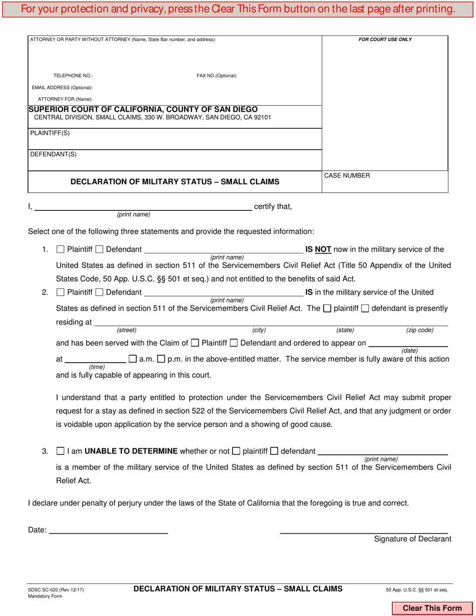 Form SC-020 Declaration of Military Status - Small Claims - County of San Diego, California, Page 1