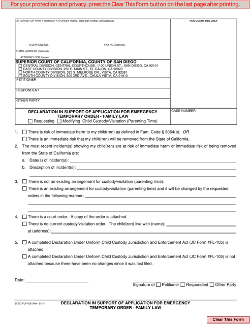 Form FLF-028 Declaration in Support of Application for Emergency Temporary Order - Family Law - County of San Diego, California