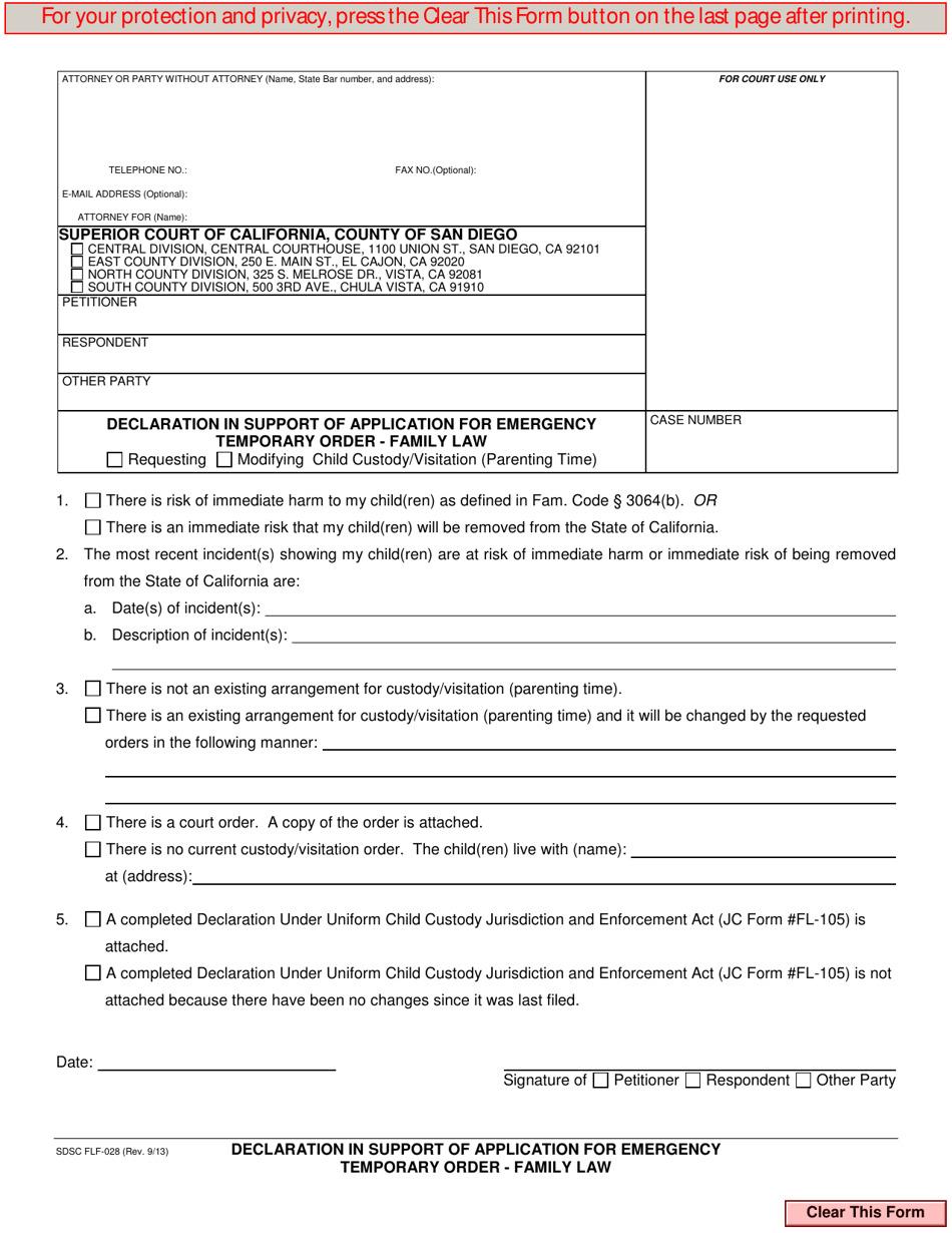 Form FLF-028 Declaration in Support of Application for Emergency Temporary Order - Family Law - County of San Diego, California, Page 1