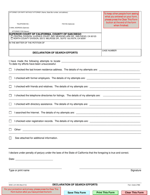 Form JUV-250 Declaration of Search Efforts - County of San Diego, California