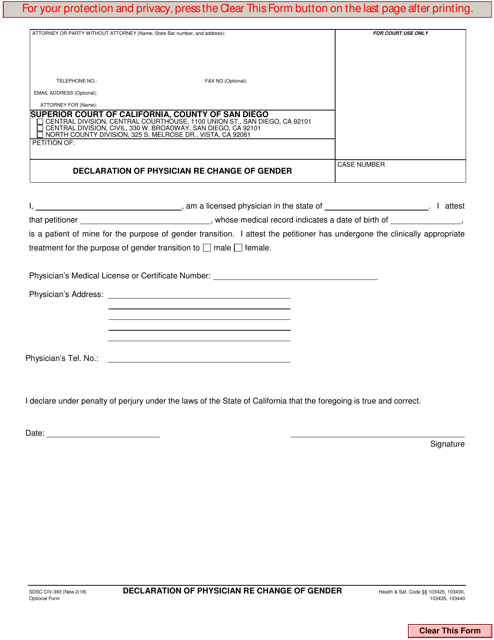 Form CIV-393 Declaration of Physician Re Change of Gender - County of San Diego, California