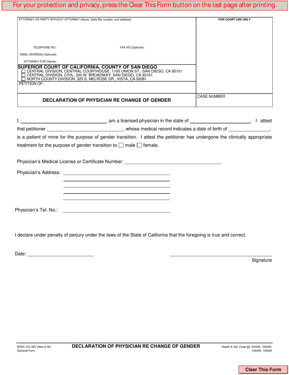Form CIV-393 Declaration of Physician Re Change of Gender - County of San Diego, California, Page 1