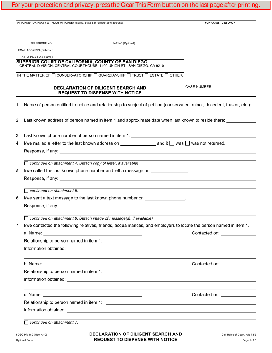 Form PR-182 Declaration of Diligent Search and Request to Dispense With Notice - County of San Diego, California, Page 1