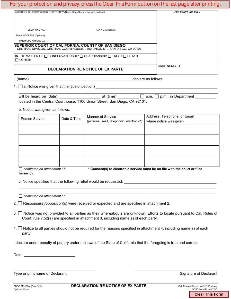 Form PR-136A Declaration Re Notice of Ex Parte - County of San Diego, California, Page 1