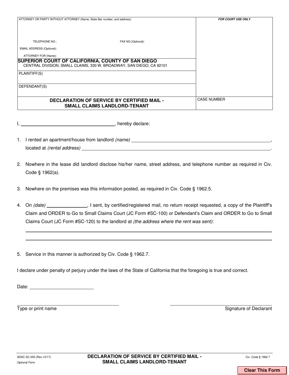 Form SC-050 Declaration of Service by Certified Mail - Small Claims Landlord-Tenant - County of San Diego, California, Page 1