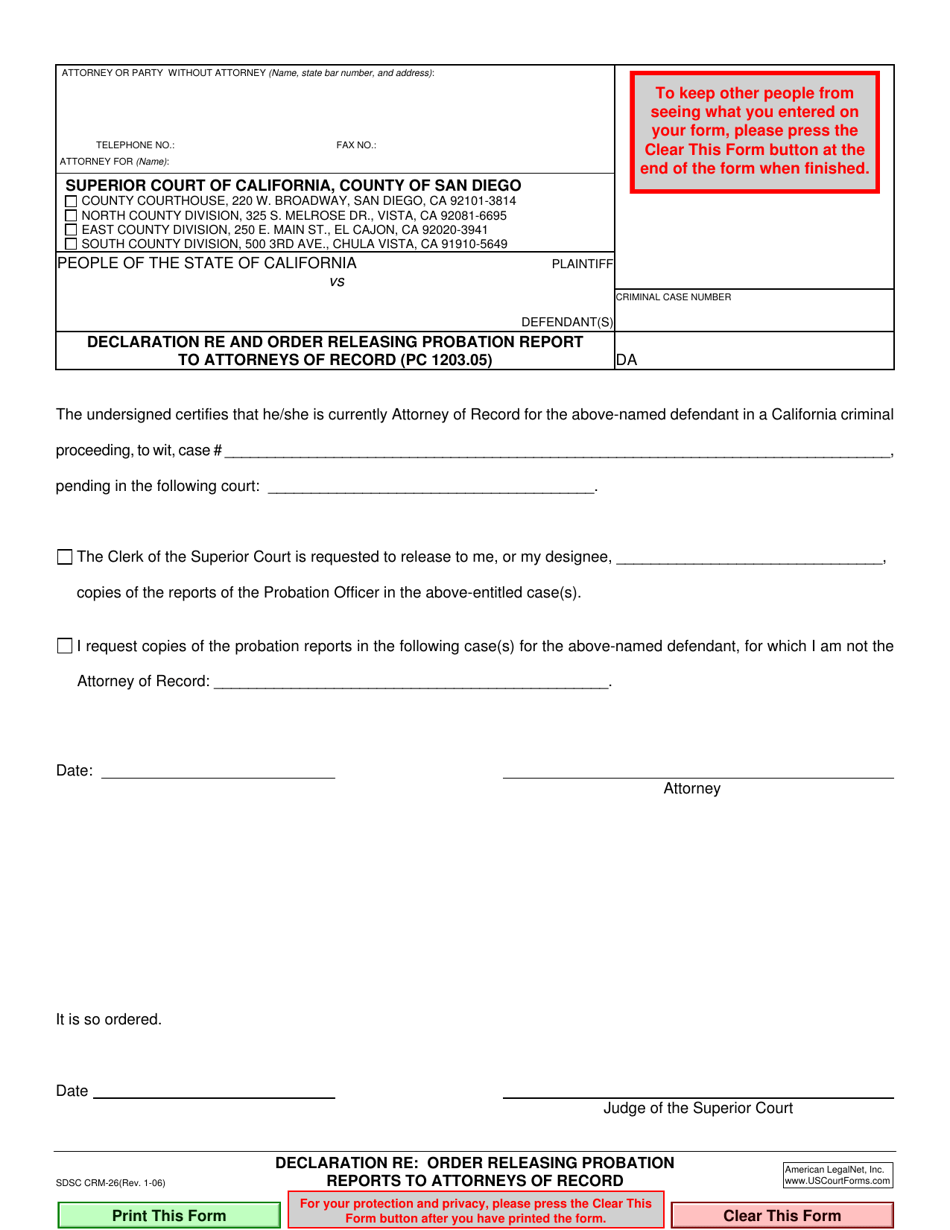 Form CRM-26 Declaration Re: Order Releasing Probation Report to Attorneys of Record (Pc 1203.05) - County of San Diego, California, Page 1