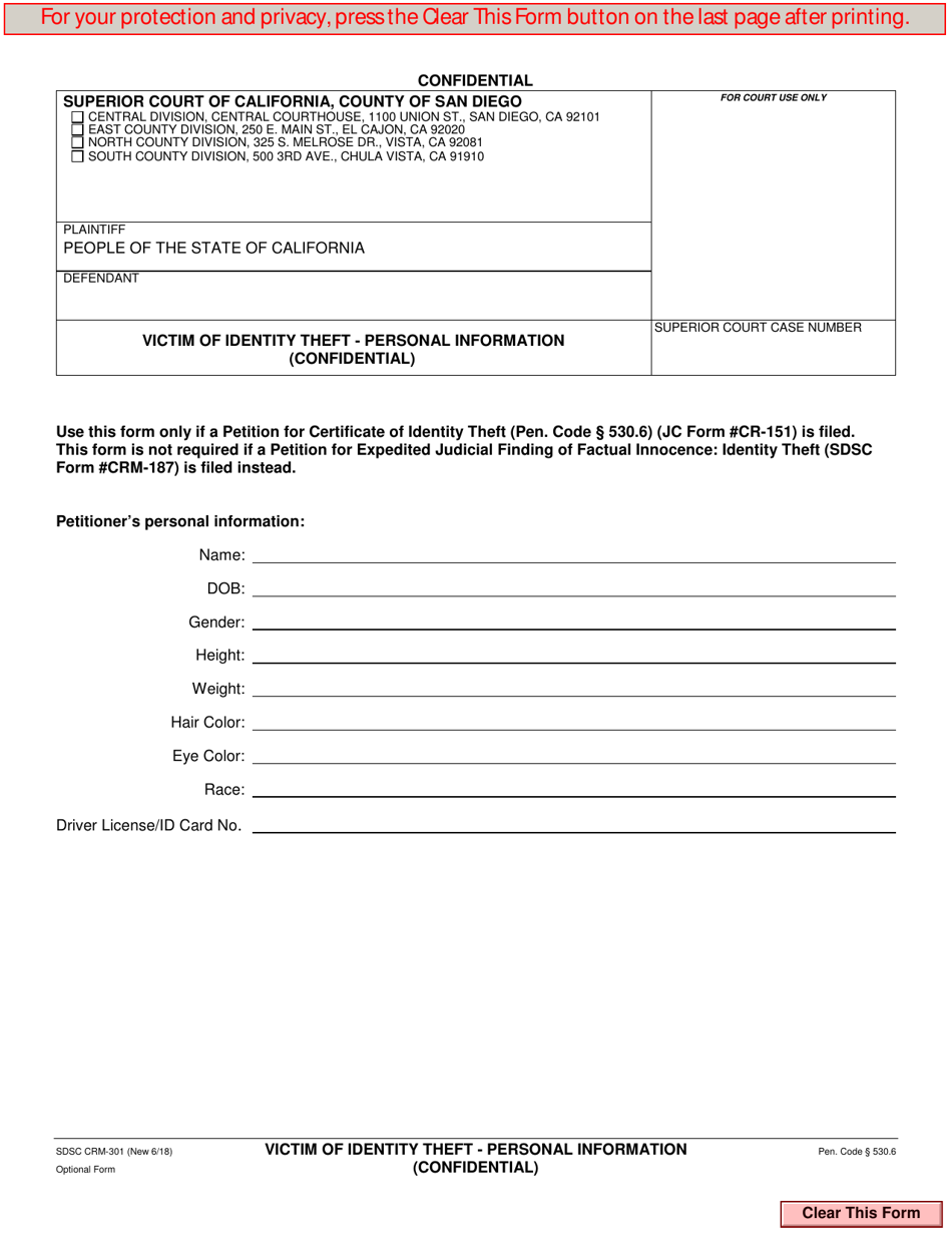 Form CRM-301 Victim of Identity Theft - Personal Information - County of San Diego, California, Page 1