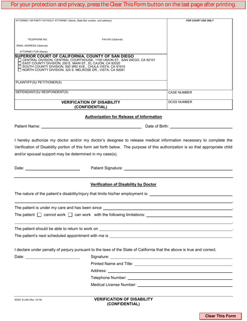 Form D-248 Verification of Disability - County of San Diego, California