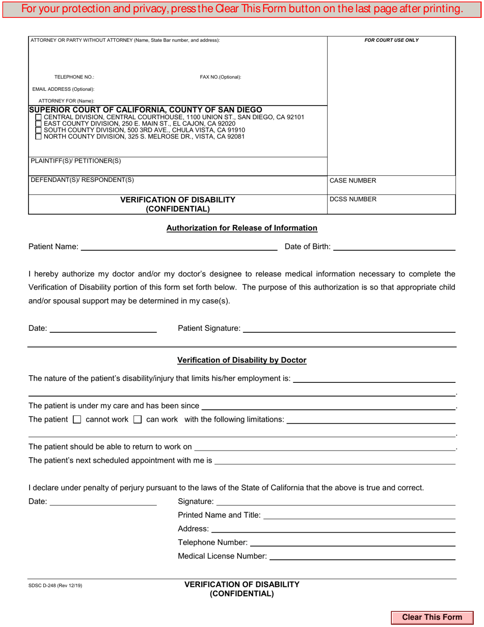 Form D-248 Verification of Disability - County of San Diego, California, Page 1