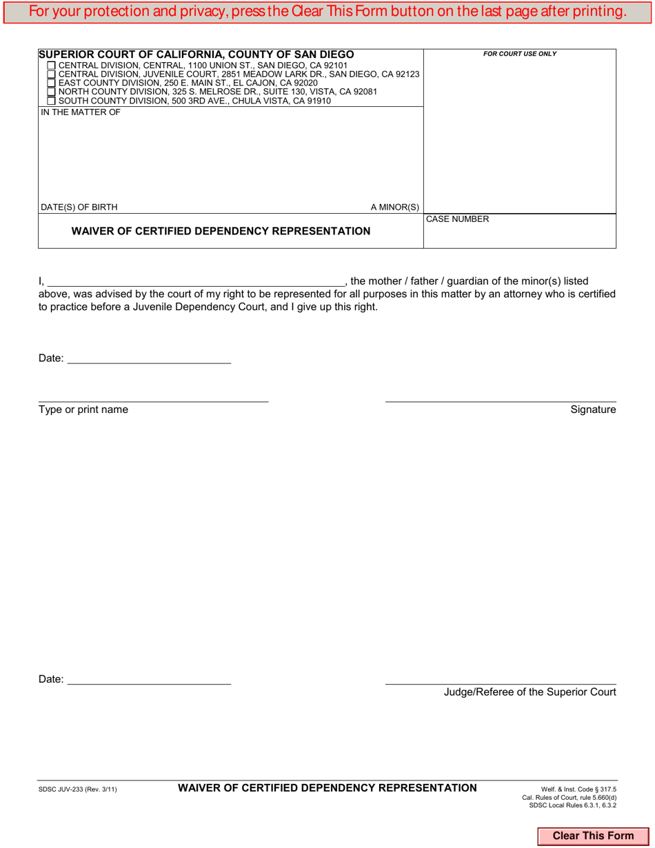 Form JUV-233 Waiver of Certified Dependency Representation - County of San Diego, California, Page 1